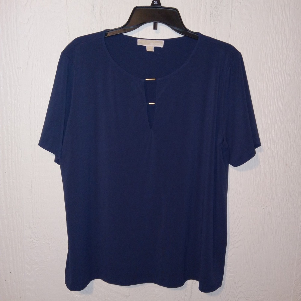 Michael Kors Navy Keyhole Bar Blouse XL Gold Hardware Career Minimalist Top